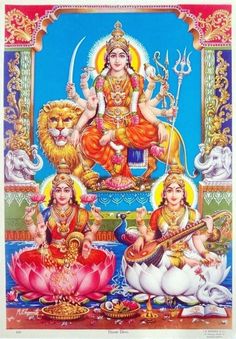 an image of deities sitting in front of a lion and other animals on the ground