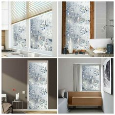 four pictures of different types of frosted glass in the bathroom and living room area