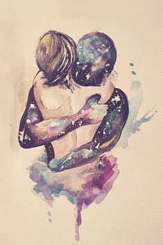 two people hugging each other in the middle of watercolor paint splattered paper