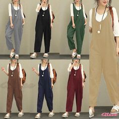 Qteee - Plus-Size Relaxed Fit Overalls: Wide-Leg Casual Pants with Suspenders Casual Baggy Overalls, Casual Full-length Jumpsuits For Fall, Casual Baggy Jumpsuits And Rompers For Work, Casual Long Pants Jumpsuits And Rompers, Casual Long Pants Jumpsuits In Solid Color, Casual Cotton Stretch Jumpsuits And Rompers, Casual Stretch Cotton Jumpsuits And Rompers, Casual Full Length Solid Jumpsuits And Rompers, Stretch Cotton Jumpsuits With Pockets