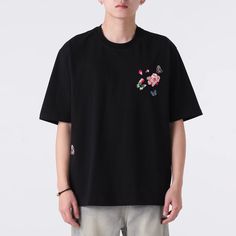 Phoenix Shirt – Kidoriman Black Embroidered T-shirt For Summer, Black Floral Embroidery Crew Neck T-shirt, Cotton Short Sleeve Shirt With Floral Embroidery, Embroidered Cotton Tops For Streetwear, Floral Embroidered Cotton Short Sleeve Shirt, Cotton Floral Embroidery Short Sleeve Shirt, Embroidered Cotton Shirt For Streetwear, Embroidered Black Tops For Streetwear, Trendy Black Cotton Shirt