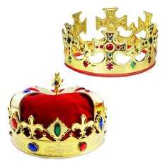 two gold crowns with different colored stones on each one and red velvet bag in the middle