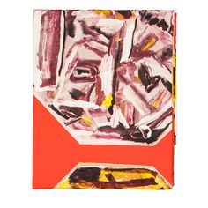 an abstract painting with pink, yellow and black colors on red paper next to a white background