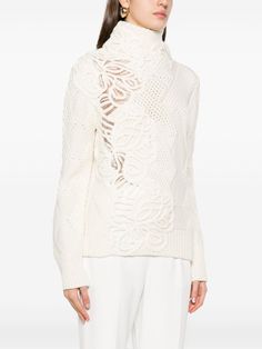 white virgin wool blend ribbed-knit edge lace detailing roll neck long sleeves straight hem Size Info STANDARD Color Detail White Made In Italy Material Virgin wool 50% Acrylic 50% Season One Fall-Winter Season Two Fall-Winter Product sweaters Brand Ermanno Scervino Size And Fit This piece fits true to size. We recommend you get your regular sizeModel is 1,75m / 5ft 8in wearing size S Trench Dress, Knit Edge, Embroidered Wool, Trench Jacket, Ermanno Scervino, Cape Coat, Blazer With Jeans, Sweater Brands, Knitwear Cardigan