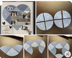 four pictures of different shapes and sizes of paper with the same design on them,