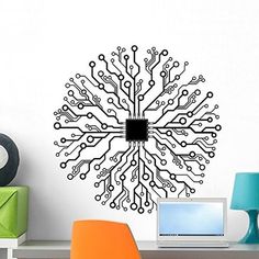 a computer circuit board wall decal on a white wall next to a desk and chair