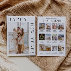 two magazine covers sitting on top of a blanket next to a window with pictures of people in it