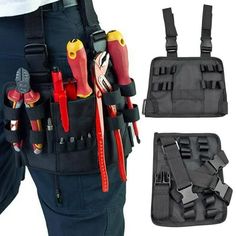 the tool belt has many tools in it and is ready to be put into someone's pocket