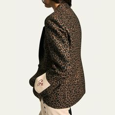 Golden Goose blazer in leopard-print jacquard Notch lapels Single-breasted front Long sleeves; button cuffs Chest welt pocket Side flap pockets Logo patch Relaxed fit Wool Dry clean Made in Italy Golden Goose, Wool Blazer, Bergdorf Goodman, Welt Pocket, Patch Logo, Leopard Print, Winter Hats, High Neck Dress, Tops Designs