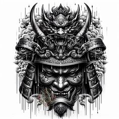 an artistic drawing of a demon with horns and headdress on it's face