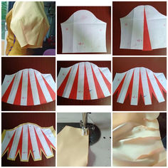 several pictures of different types of umbrellas being made with paper and fabric, including the top one in red and white