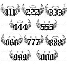 the numbers and wings in black ink on white paper, each with an angel's wing