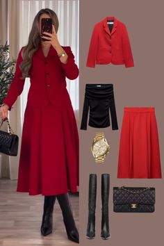 Winter Outfit Inspiration | Red Blazer with Red Skirt | Knee High Black Boots Outfit Winter Women, Red Outfit Winter, Black And Red Outfit, Knee High Black Boots, High Black Boots, Outfit Ideas Black, Black Knee High Boots, Winter Outfit Inspiration, Red Skirt