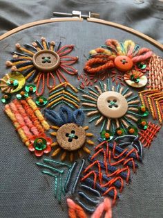 a close up of a embroidery on a piece of cloth with buttons and flowers in it