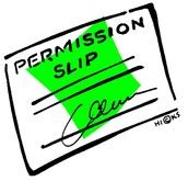 a close up of a person's name on a green sticker with the words permission slip