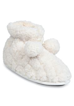 classic slipper boot style with a quilted faux fur outer, match pom poms and a super soft faux shearling lining keeping your feet warm. Our dual insole foam system featuring memory foam cradles your feet for day long comfort. The TPR outsole is great for lounging indoors but durable for outdoor use. This is another great slipper option from Gaahuu.100% Polyester Upper100% Polyester Lining100% Polyester Outsole100% Polyester FootbedSlippers available in sizes Small 5-6, Medium 7-8, Large 9-10 | W Cream Indoor Slippers For Winter, Cozy Synthetic Slippers For Winter, Comfortable Cream Winter Booties, Comfortable White Winter Booties, Cozy Cream Winter Booties, Teddy Bear Slippers, Pom Pom Slippers, Bear Slippers, Classic Slippers