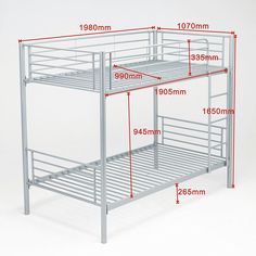 bunk bed frame with measurements for the top and bottom tier, shown in red on white background