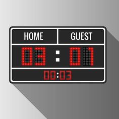 a digital clock with the words home, guest and time displayed in red on a gray background