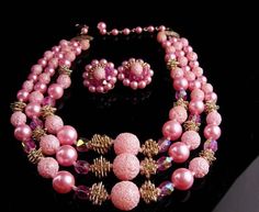 Vintage pink Sugar bead necklace - Vintage clip on earrings - 3 strand Japan pearl choker  - mother Pink Costume Jewelry For Formal Occasions, Pink Formal Costume Jewelry, Formal Pink Costume Jewelry, Pink Pearl Jewelry For Party, Pink Costume Jewelry For Evening, Evening Pink Costume Jewelry, Elegant Pink Beaded Bridal Necklace, Pink Round Beads Costume Jewelry, Pink Round Bead Pearl Necklace For Wedding