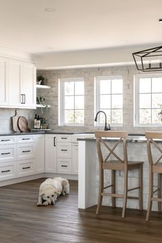 a dog laying on the floor in a kitchen next to a counter top and chairs