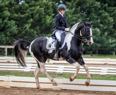 a woman riding on the back of a black and white horse in an obstacle course