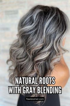 Natural Roots With Gray Blending Grey Transition Hair Highlights, Gray Blending, Silver Hair Highlights, Grey Hair Care, Grey Hair Don't Care, Grey Hair Transformation, Grey Hair Dye, Grey Hair Inspiration, Natural Gray Hair