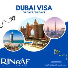 an advertisement for the dubai visa with images of hotels and other places in blue circles