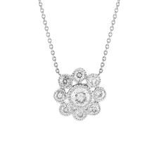 Our Rosetta White Diamond Necklace will make an heirloom piece for ages to come, with sparkling old mine cut white diamonds clustered into a romantic floral shape. We've added exquisite milgrain details around each bezel setting for a dazzling vintage touch. The chain includes a jump ring at 16", meaning you can swap between 16" and 18" length for greater layering variety. 18K Yellow Gold 9 Old Mine Cut White Diamonds Total Diamond Weight: 0.75ct Pendant Diameter: 12mm Chain Length: 18" Anniversary Diamond Necklace With Intricate Design, Vintage Brilliant Cut Diamond White Necklaces, Timeless Wedding Diamond Necklace With Rose Cut Diamonds, White Gold Diamond Necklace With Rose Cut Diamonds, White Gold Round Rose Cut Diamond Necklace, White Gold Rose Cut Round Diamond Necklace, Classic Rose Cut Diamond Round Pendant Necklace, Vintage Diamond Necklace With Brilliant Cut For Wedding, Victorian Diamond Necklace With Single Cut Diamonds