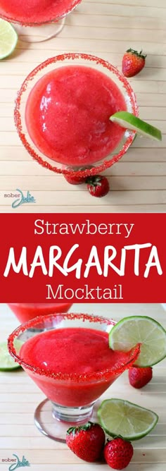 strawberry margarita cocktail with limes and strawberries