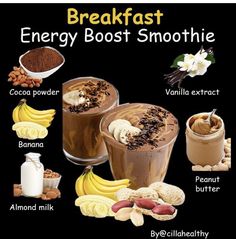 an image of breakfast energy booster smoothie with chocolate, banana, almonds and milk