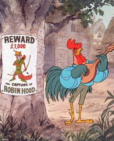 a cartoon rooster standing next to a tree with a sign in the background that says reward $ 1, 000