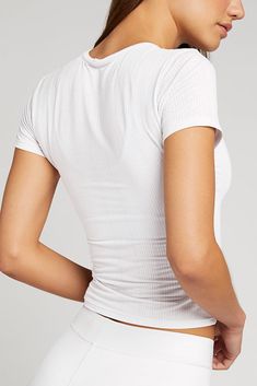 Whipped Baby Tee in White | Women's Tops in White - Negative Underwear Casual Fitted Cropped T-shirt For Loungewear, Trendy Fitted Cropped T-shirt For Loungewear, High Stretch Seamless Tops For Loungewear, Sporty Stretch Ribbed T-shirt, Sporty Ribbed Top With Relaxed Fit, Sporty Ribbed Relaxed Fit Tops, Trendy Seamless Crew Neck Top, High Stretch Short Sleeve Tops With Seamless Construction, Fitted Solid Color Cropped T-shirt Athleisure