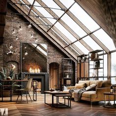 a living room filled with furniture under a skylight next to a fireplace and windows