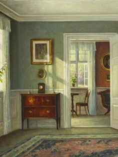 a painting of a living room with an antique dresser and chair in the foreground