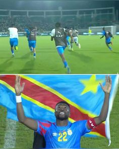 two pictures of soccer players running on the field and one is holding up a flag