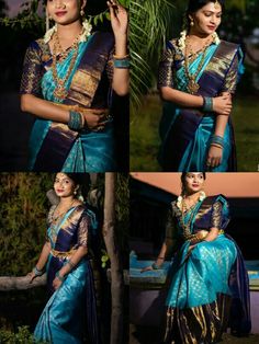 Blue Pattu Saree Wedding, Sky Blue Pattu Saree Wedding, Teal Blue Pattu Saree, Blue South Indian Saree, Royal Blue Saree With Pallu For Wedding, Wedding Matching Outfits, Saree Color Combinations, Chiffon Blouses Designs, South Indian Wedding Saree