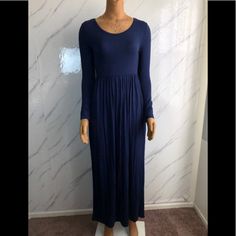 Navy Blue Maxi Dress Brand New Very Stretchy Long Sleeve Pockets In Each Side Size Small Blue Solid Color Maxi Dress For Fall, Blue Stretch Maxi Dress For Day Out, Casual Blue Denim Maxi Dress, Casual Blue Maxi Dress Solid Color, Casual Solid Blue Maxi Dress, Navy Casual Maxi Dress For Spring, Navy Casual Maxi Dress, Casual Blue Solid Color Maxi Dress, Navy Long Sleeve Maxi Dress For Spring