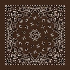 a brown and white square scarf with an intricate design on the center, surrounded by small flowers