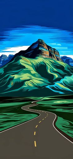 a painting of a road going through the mountains with blue sky and clouds in the background