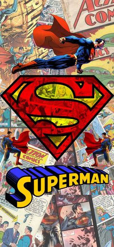 the superman movie poster is shown with comic characters and their names on it's cover