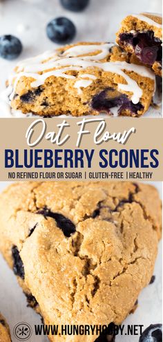 blueberry scones with white icing and fresh blueberries on the side, in front