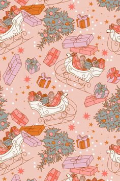 a christmas pattern with presents and gifts on a sleigh next to a tree