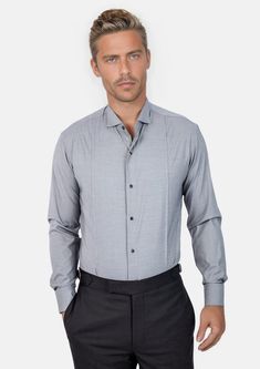 Make a statement with this modern grey bamboo tuxedo shirt, custom-made to your specifications. Get the tailored fit you deserve and look your best at any big event. Delivered in as little as two weeks. Covered by our Free Remake Guarantee. Classic Gray Formal Shirt, Classic Gray Business Shirt, Classic Gray Shirt For Business Casual, Classic Gray Shirt With Spread Collar, Classic Gray Formal Tops, Business Tuxedo Shirt With Long Sleeves, Fitted Gray Business Top, Fitted Gray Top For Business, Fitted Gray Shirt For Business Casual