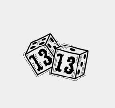 two dices with the numbers thirteen and thirteen on each side, drawn in black ink