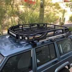 a car with a rack on the roof in front of some cactus trees and cacti