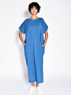 BRIGHT BLUE LONG DRESS — uzinyc Blue Oversized Short Sleeve Dress, Casual Blue Maxi Dress With Relaxed Fit, Oversized Blue Midi Dress, Oversized Blue Short Sleeve Dress, Casual Blue Relaxed Fit Maxi Dress, Casual Blue Dresses With Side Slits, Blue Relaxed Fit Maxi Dress For Daywear, Blue Relaxed Fit Dress For Daywear, Unlined Relaxed Fit Maxi Dress