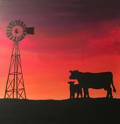 a painting of two cows standing in front of a windmill with the sun setting behind them