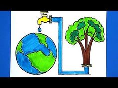 a drawing of a tree, water faucet, and the earth on a blue background