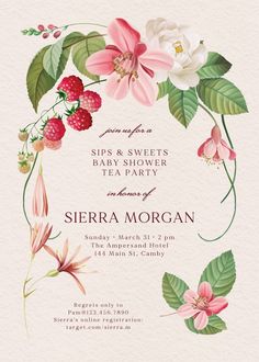 a floral baby shower party with pink flowers and green leaves