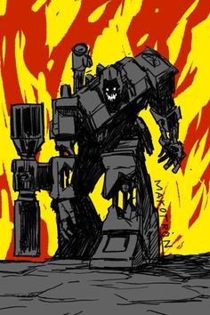 a drawing of a giant robot standing in front of a fire